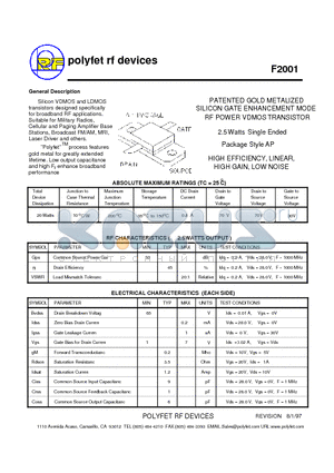 F2001 datasheet - PATENTED GOLD METALIZED SILICON GATE ENHANCEMENT MODE RF POWER VDMOS TRANSISTOR