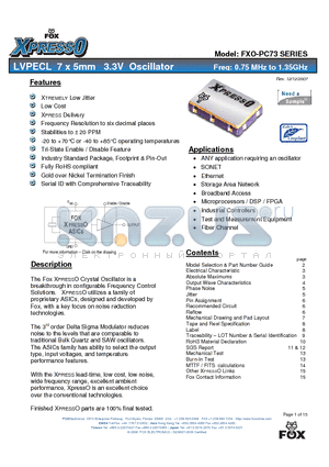 FXO-PC73 datasheet - LVPECL 7 x 5mm 3.3V Oscillator