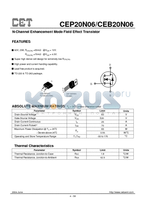 CEP20N06 datasheet - N-Channel Enhancement Mode Field Effect Transistor