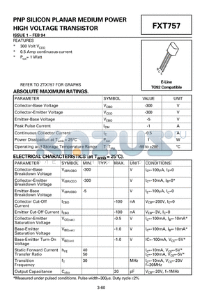 FXT757 datasheet - PNP SILICON PLANAR MEDIUM POWER HIGH VOLTAGE TRANSISTOR