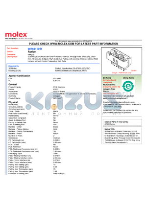 87831-1041 datasheet - 2.00mm (.079) Pitch Milli-Grid Header, Vertical, Through Hole, Shrouded, Leadfree 10 Circuits, 0.38lm (15l) Gold (Au) Plating, with Locking Window