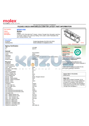 87831-1435 datasheet - 2.00mm (.079) Pitch Milli-Grid Header, Vertical, Through Hole, Shrouded, Lead-free, 14 Circuits, 0.76lm (15l) Gold (Au) Plating, PCB Locator, Center Polarization Slot