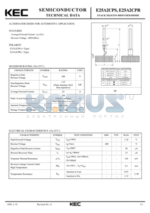 E25A2CPS datasheet - STACK SILICON DIFFUSED DIODE (ALTERNATOR DIODE FOR AUTOMOTIVE)