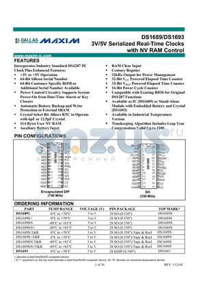 DS1689S/T datasheet - 3V/5V Serialized Real-Time Clocks with NV RAM Control