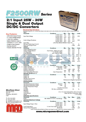 F2502RW datasheet - 2:1 Input 25W - 30W Single & Dual Output DC/DC Converters