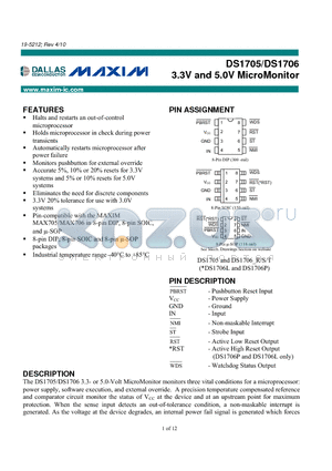 DS1706 datasheet - 3.3V and 5.0V MicroMonitor