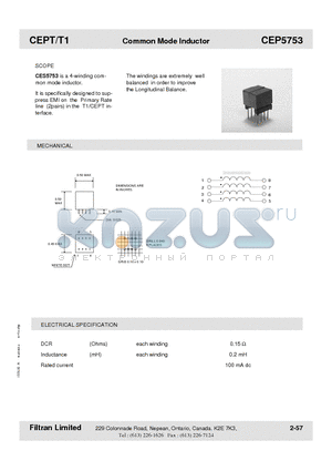 CEP5753 datasheet - CEPT/T1 Common Mode Inductor