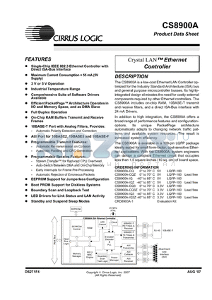 CS8900A-IQZ datasheet - Crystal LAN  ISA Ethernet Controller