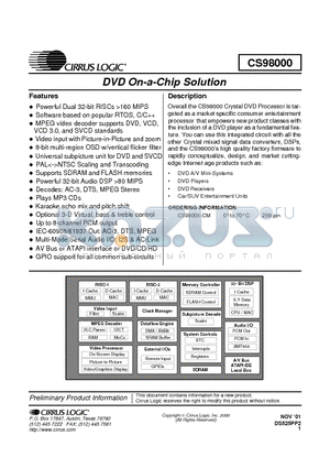 CS98000 datasheet - DVD On-a-Chip Solution