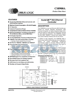 CS8900A_01 datasheet - Crystal LAN TM ISA Ethernet Controller