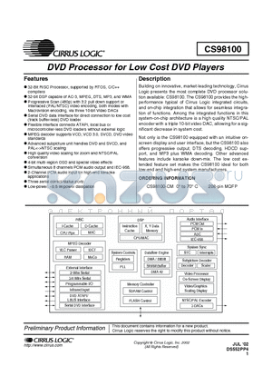 CS98100 datasheet - DVD PROCESSOR FOR LOW COST DVD PLAYERS