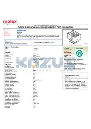 87832-0634 datasheet - 2.00mm (.079) Pitch Milli-Grid Header, Surface Mount, Vertical, Shrouded, Leadfree, 6 Circuits, 0.76lm (30l) Gold (Au) Plating, with Center Polarization Slot