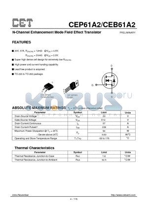 CEP61A2 datasheet - N-Channel Enhancement Mode Field Effect Transistor