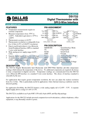 DS1722 datasheet - Digital Thermometer with SPI/3-Wire Interface