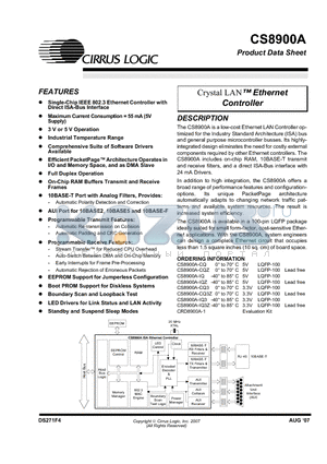 CS8900A-CQZ datasheet - Crystal LAN  ISA Ethernet Controller