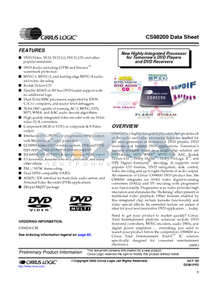 CS98200-IV datasheet - New Highly-Integrated Processor for Tommorrow DVD Players and DVD Receivers