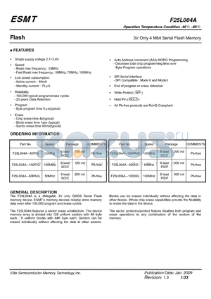 F25L004A_1 datasheet - 3V Only 4 Mbit Serial Flash Memory Operation Temperature Condition -40`C ~85`C