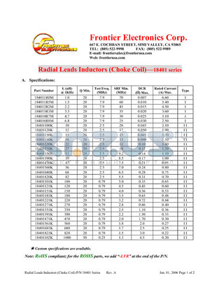 18401181K datasheet - Radial Leads Inductors (Choke Coil)