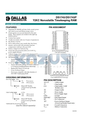 DS1743 datasheet - Y2KC Nonvolatile Timekeeping RAM