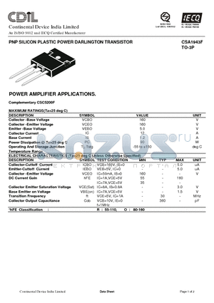 CSA1943FR datasheet - PNP SILICON PLASTIC POWER DARLINGTON TRANSISTOR