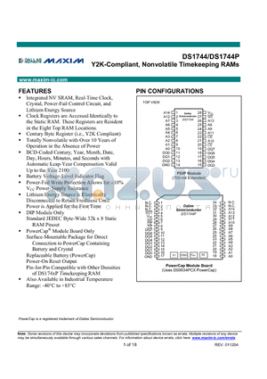 DS1744-70IND datasheet - Y2K-Compliant, Nonvolatile Timekeeping RAMs