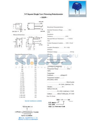 3323P100 datasheet - 77 Square/ Single Turn /Trimming Potentiometer