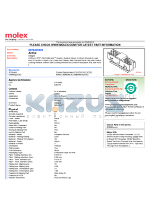 87832-5222 datasheet - 2.00mm (.079) Pitch Milli-Grid Header, Surface Mount, Vertical, Shrouded, Leadfree, 6 Circuits, 0.38lm (15l) Gold (Au) Plating, with Pick-and-Place Cap