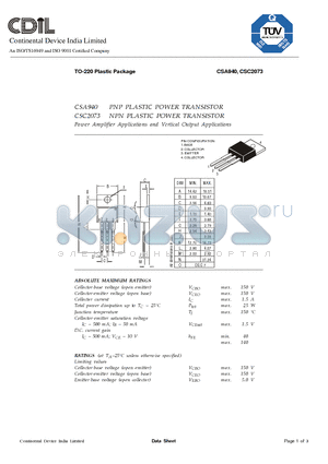 CSA940 datasheet - CSA940 PNP PLASTIC POWER TRANSISTOR, CSC2073 NPN PLASTIC POWER TRANSISTOR