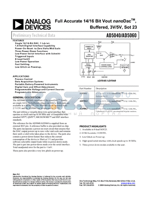 AD5061 datasheet - Full Accurate 14/16 Bit Vout nanoDac Buffered, 3V/5V, Sot 23