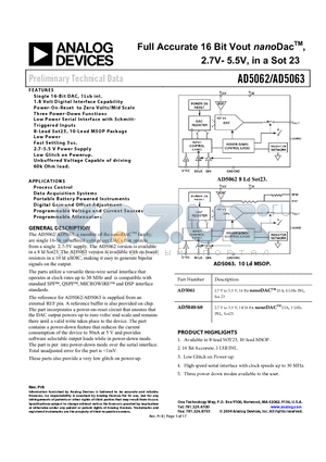 AD5062 datasheet - Full Accurate 16 Bit Vout nanoDac, 2.7V- 5.5V, in a Sot 23