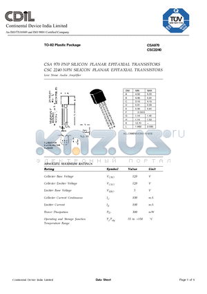 CSA970 datasheet - CSA 970 PNP SILICON PLANAR EPITAXIAL TRANSISTORS, CSC 2240 NPN SILICON PLANAR EPITAXIAL TRANSISTORS