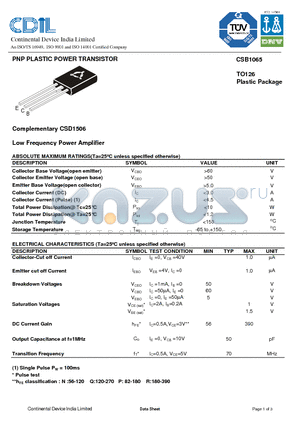 CSB1065 datasheet - PNP PLASTIC POWER TRANSISTOR