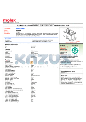 87833-0641 datasheet - 2.00mm (.079) Pitch Milli-Grid Header, Right Angle, Shrouded, Lead-free, 6 Circuits, 0.38lm (15l) Gold (Au) Plating, without PCB Locator, with Locking Window