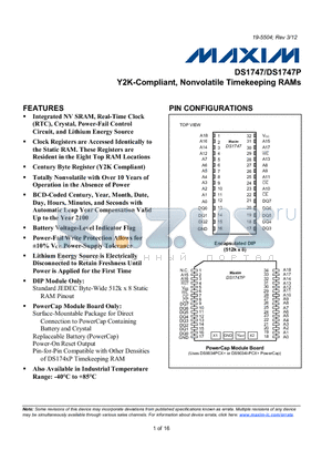 DS1747P-70+ datasheet - Y2K-Compliant, Nonvolatile Timekeeping RAMs