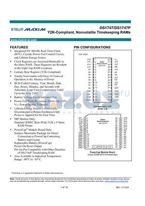DS1747P-70IND datasheet - Y2K-Compliant, Nonvolatile Timekeeping RAMs