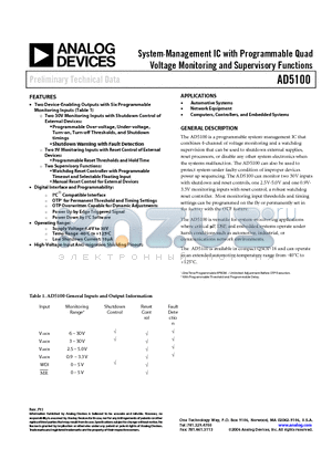 AD5100 datasheet - System-Management IC with Programmable Quad Voltage Monitoring and Supervisory Functions