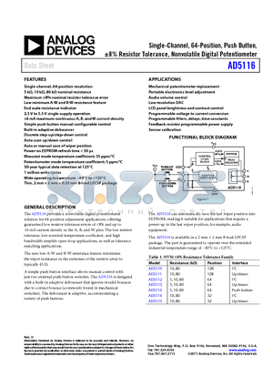 AD5110 datasheet - Single-Channel, 64-Position, Push Button, a8% Resistor Tolerance, Nonvolatile Digital Potentiometer