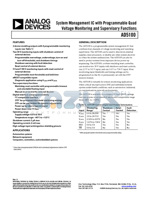 AD5100 datasheet - System Management IC with Programmable Quad Voltage Monitoring and Supervisory Functions