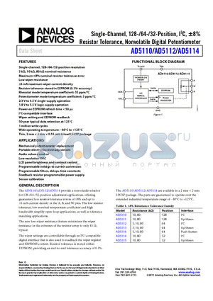 AD5110BCPZ10-1-RL7 datasheet - Single-Channel, 128-/64-/32-Position, I2C, a8% Resistor Tolerance, Nonvolatile Digital Potentiometer