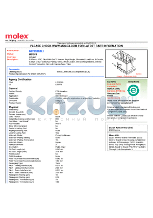 87833-0841 datasheet - 2.00mm (.079) Pitch Milli-Grid Header, Right Angle, Shrouded, Lead-free, 8 Circuits, 0.38lm (15l) Gold (Au) Plating, without PCB Locator, with Locking Window