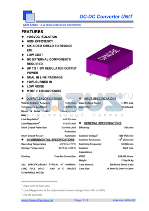 CERD-0515M datasheet - DC-DC Converter UNIT 1.5 W REGULATED DC-DC CONVERTER