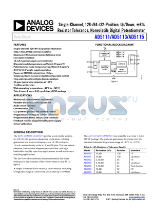 AD5113 datasheet - Single-Channel, 128-/64-/32-Position, Up/Down, a8% Resistor Tolerance, Nonvolatile Digital Potentiometer