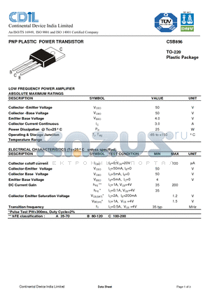 CSB856 datasheet - PNP PLASTIC POWER TRANSISTOR