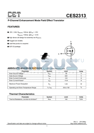 CES2313 datasheet - P-Channel Enhancement Mode Field Effect Transistor