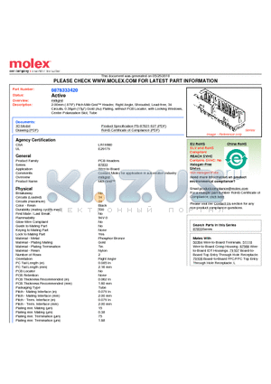 87833-3420 datasheet - 2.00mm (.079) Pitch Milli-Grid Header, Right Angle, Shrouded, Lead-free, 34 Circuits, 0.38lm (15l) Gold (Au) Plating, without PCB Locator, with Locking Windows