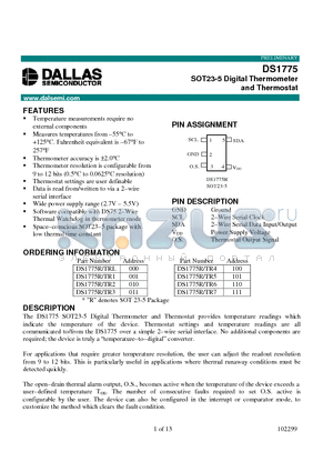 DS1775R/TR4 datasheet - SOT23-5 Digital Thermometer and Thermostat