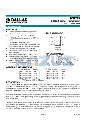 DS1775R/TR6 datasheet - SOT23-5 Digital Thermometer and Thermostat