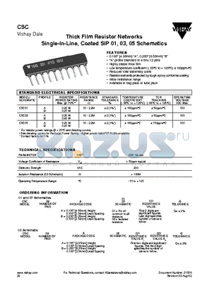 CSC03 datasheet - Thick Film Resistor Networks Single-In-Line, Coated SIP 01, 03, 05 Schematics