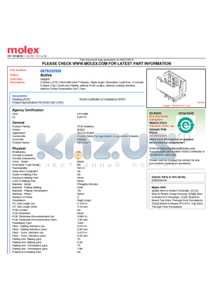 87833-5920 datasheet - 2.00mm (.079) Pitch Milli-Grid Header, Right Angle, Shrouded, Lead-free, 4 Circuits, 0.38lm (15l) Gold (Au) Plating, without PCB Locator, without Locking Window