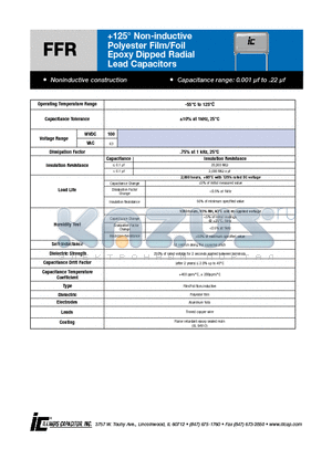 332FFR100K datasheet - 125` Non-inductive Polyester Film/Foil Epoxy Dipped Radial Lead Capacitors